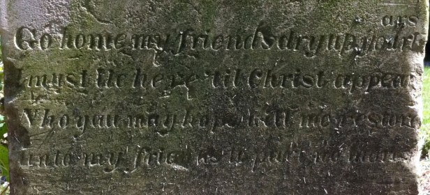 Words from the Tombstone of Eliza Jane Bens, in Delaware County, Ohio:  “Go home my friends, dry up your tears.  I must lie here til Christ appears, Who you may hope will me restore unto my friends to part no more.”  She died May 9, 1841 at age 22.  